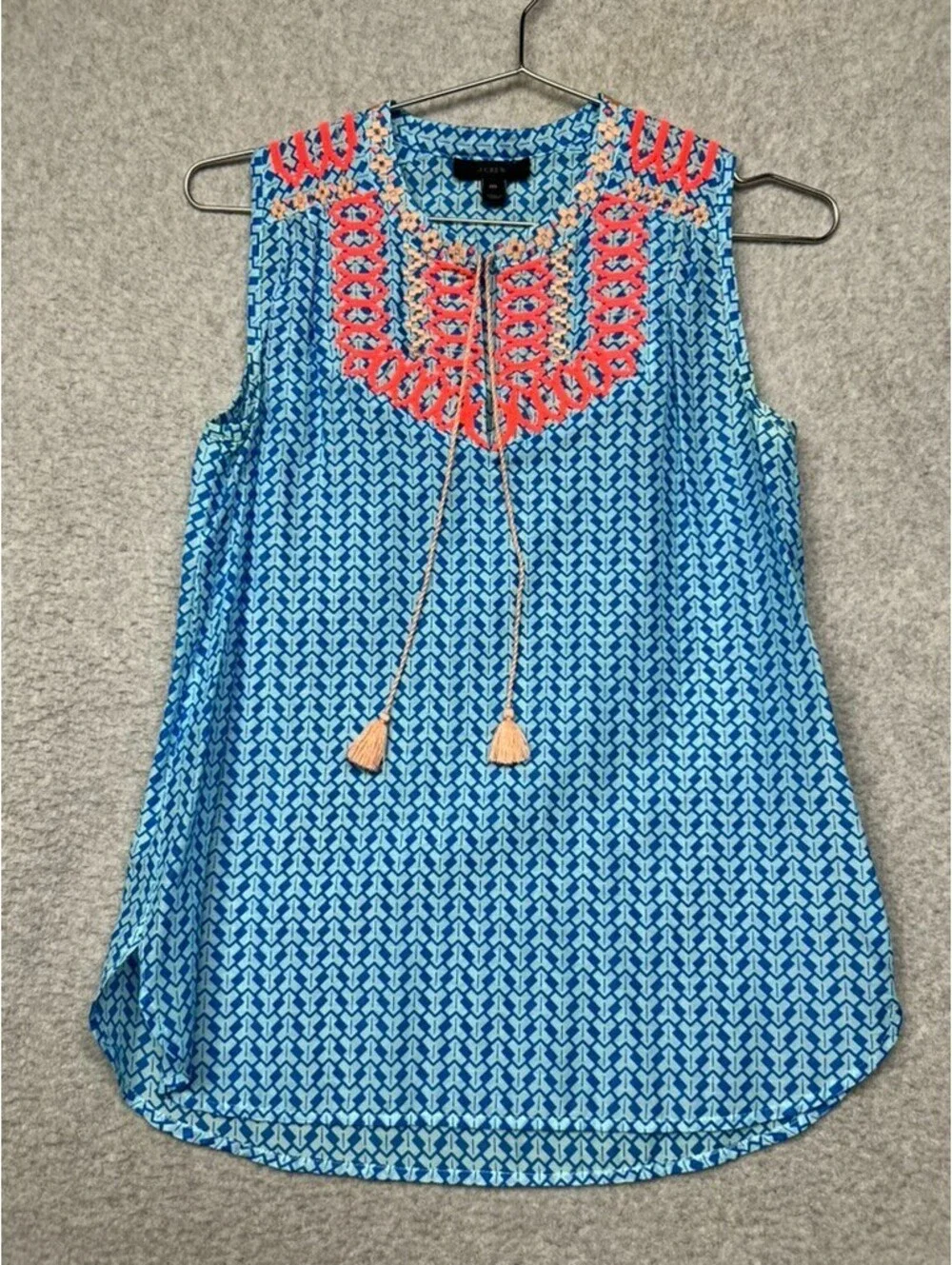 J.Crew Womens Neon Embroidered Tassel Tank Top 00 Blue Geometric Boho Blouse